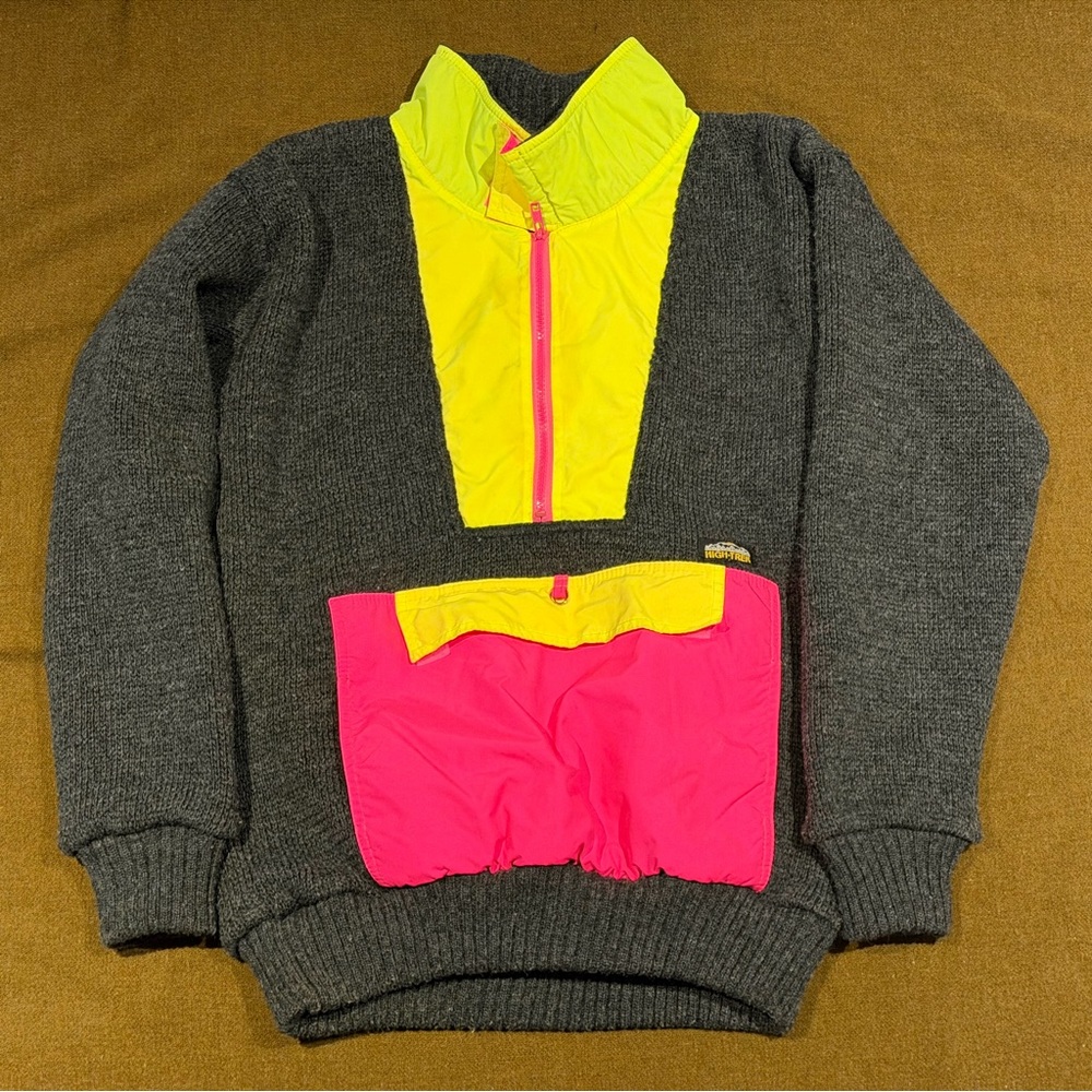 Vintage 80s Eatons North Country Wool Anorak Sweater Medium Neon Gorpcore